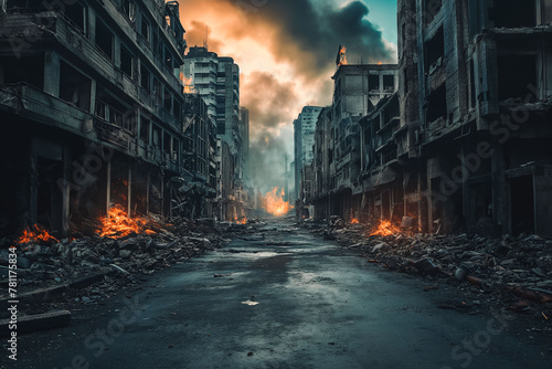Empty street of burnt up city. Apocalyptic view of city downtown as disaster film poster concept. City destroyed by war photo