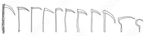 Scythe icon vector set. Death illustration sign collection. Halloween symbol or logo.