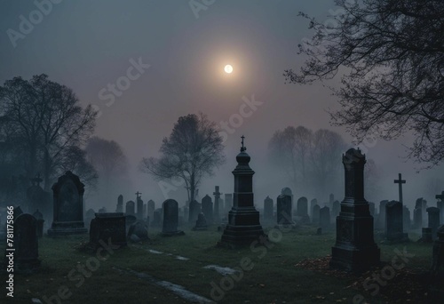 a graveyard with lots of graves at night time with the moon in the background