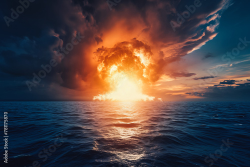 Dramatic explosion of nuclear bomb in ocean  vibrant orange mushroom cloud rising up from the sea