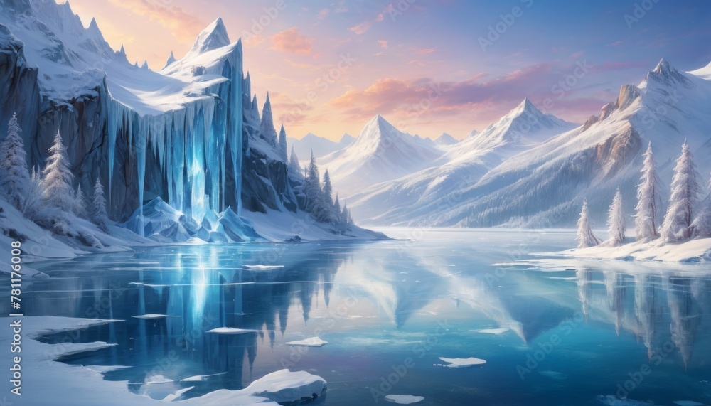 A breathtaking frozen lake lies nestled among icy mountains, with aurora-like lights and snow-laden trees, conjuring a scene of tranquil yet otherworldly winter beauty.. AI Generation