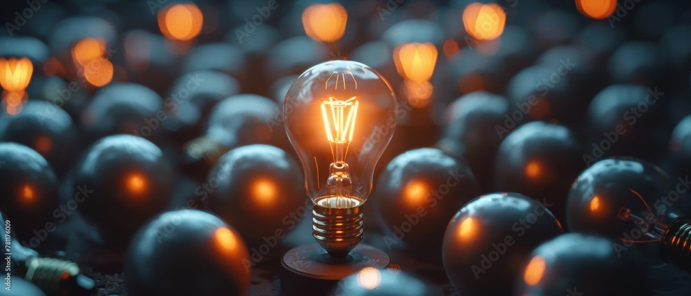 Multiple illuminated light bulbs with one standing out and brightly lit. - obrazy, fototapety, plakaty 