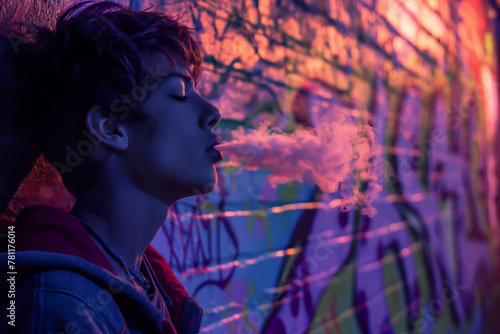 AI generated illustration of a young teen vaping in front of a colorful graffiti wall