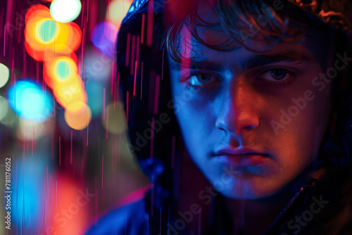 AI generated illustration of a man standing in the rain under neon lights