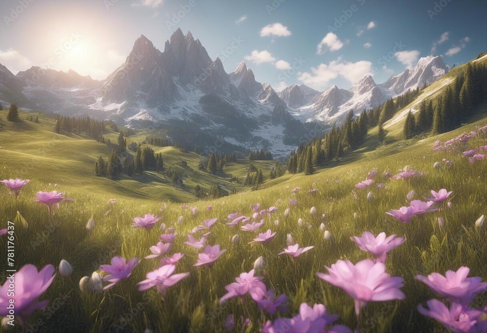 3D Serene Springtime: Idyllic Mountain Landscape in the Alps, Adorned with Blooming Meadows
