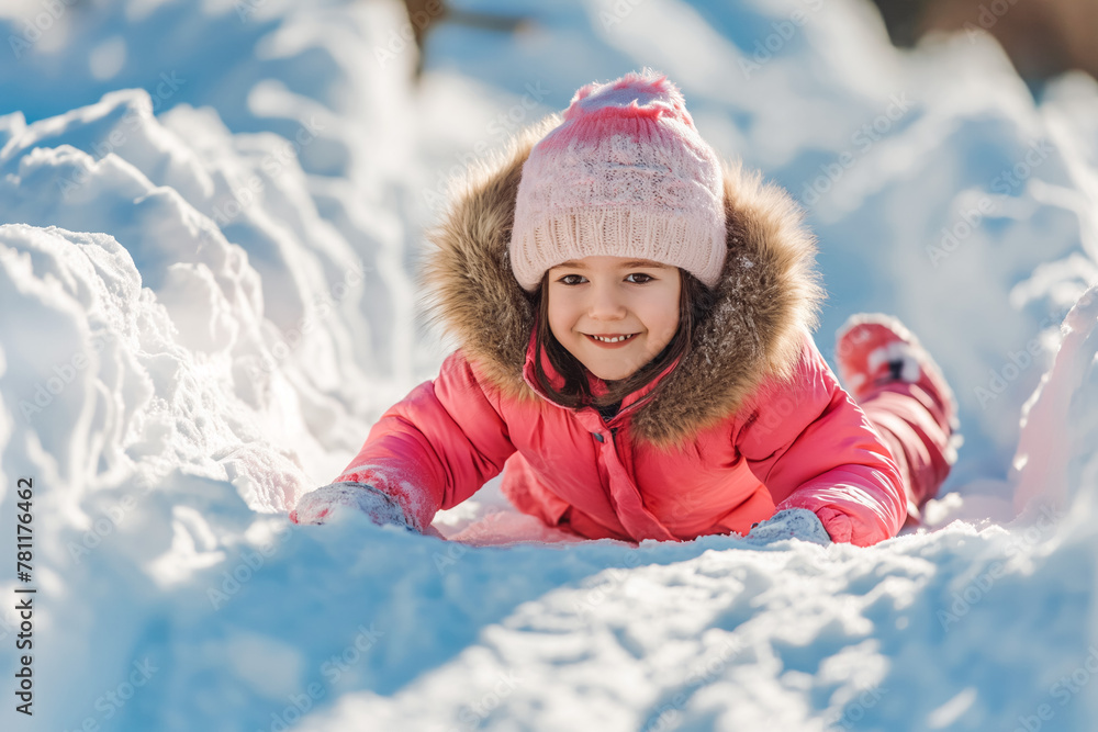 little girl in pink snowsuit riding on snow slides in winter time little girl in pink snowsuit riding on snow slides in winter time