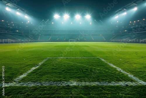 Deserted Football Field at Night Illuminated by Stadium Lights with Empty Bleachers