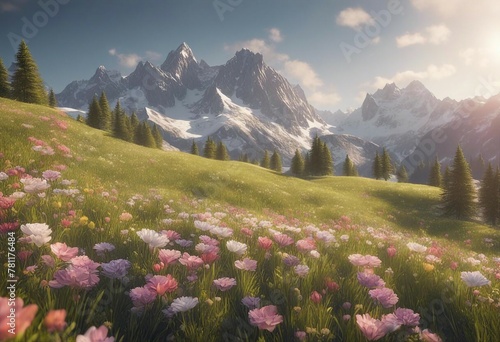 3D Serene Springtime: Idyllic Mountain Landscape in the Alps, Adorned with Blooming Meadows