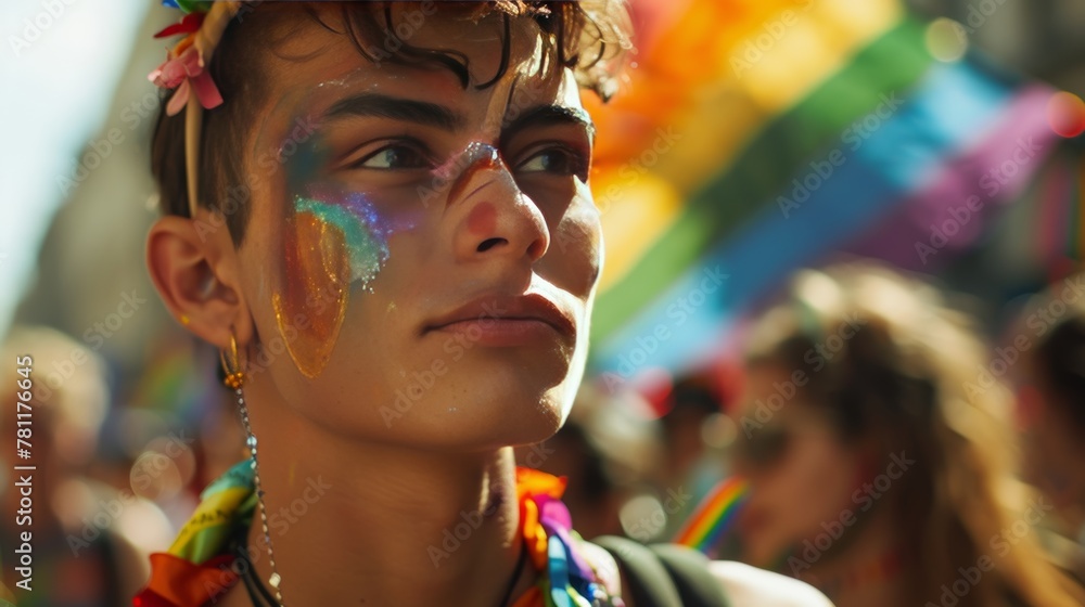 Happy smiling man at gay pride parade. Pride month celebration, Vibrant Street Celebration of LGBT Pride