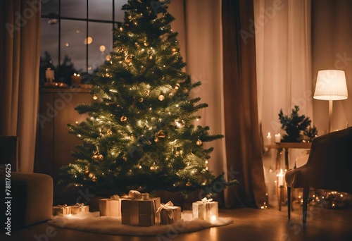 a christmas tree with lights in a cozy living room with a lit presents © Wirestock