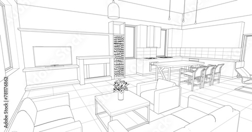 interior kitchen living room 3d illustration 