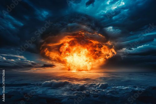 Nuclear explosion. Stormy sky, shock wave against the background of a nuclear fungus in the process of releasing thermal and radiant energy as a result of an uncontrolled nuclear fission photo