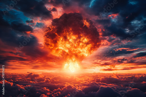 Nuclear explosion. Stormy sky, shock wave against the background of a nuclear fungus in the process of releasing thermal and radiant energy as a result of an uncontrolled nuclear fission photo
