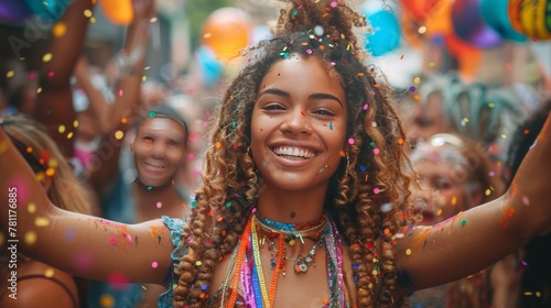 Happy smiling young African American woman at gay pride parade. Pride month celebration, Vibrant Street Celebration of LGBT Pride