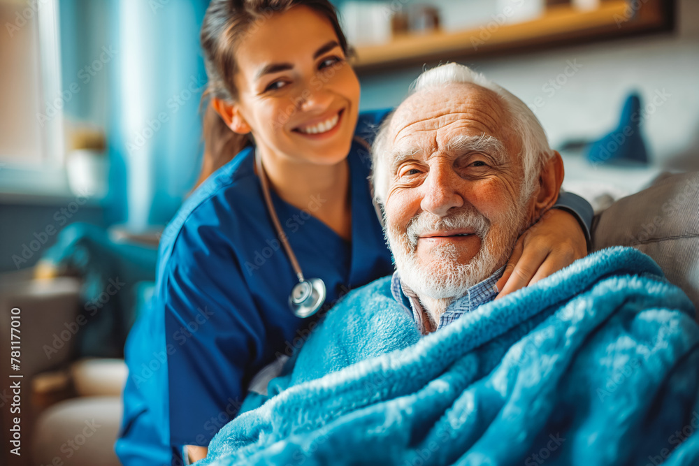 Panorama of a happy nurse with a stethoscope covering an elderly man with a blanket in a nursing home Panorama of a happy nurse with a stethoscope covering an elderly man with a blanket in a nursing home