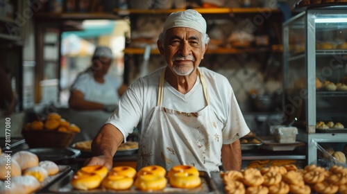 Proud baker with arms crossed in a bakery full of fresh bread.