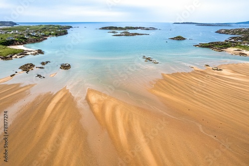 Aerial view of the sandy shore before the seascape in Donegal