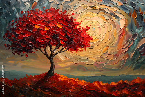 An oil painting of a captivating abstract landscape featuring a stunning red acacia tree