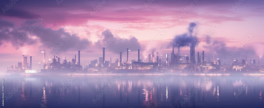 AI-generated illustration of industrial chimneys and a body of water illuminated in the twilight