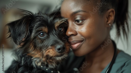 Veterinarian looking affectionately at a mixed breed dog in the clinic.