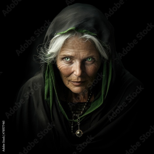 An AI illustration of an older woman wearing a veil over her head with a cross in the middle photo