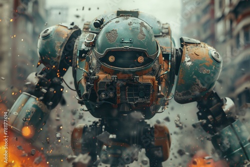 War robot in imaginative combat, colors clash in the background ,3DCG,clean sharp focus