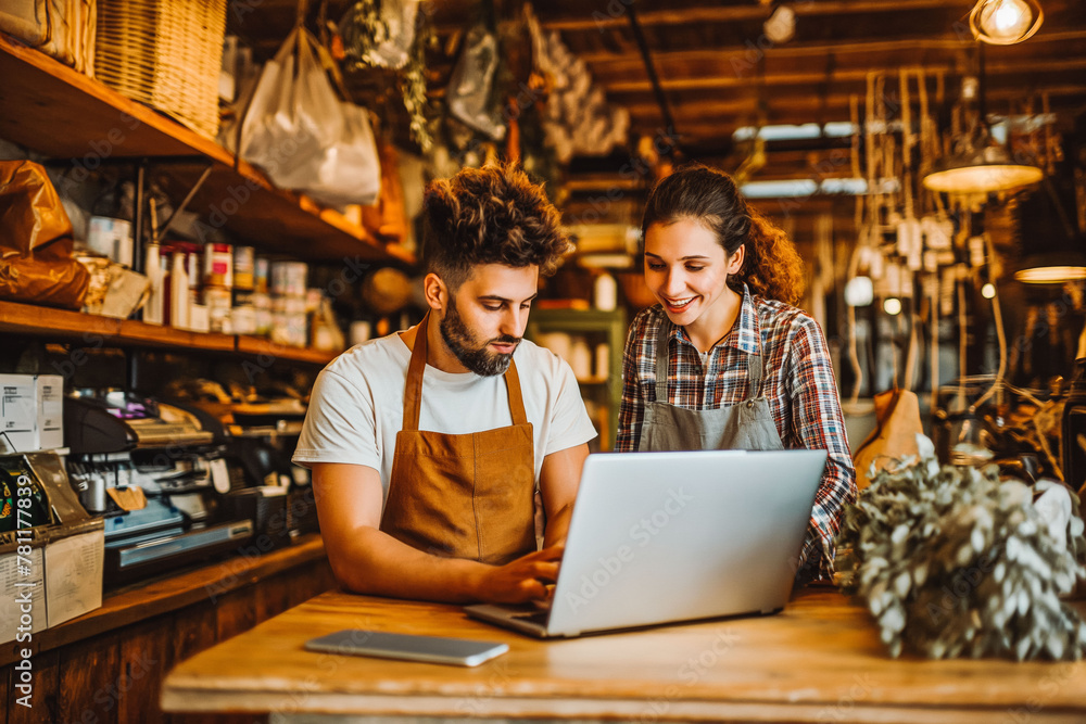 Two young shop owners using a laptop in their store