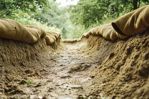 trenches used in World War II on occupied battle lines, consisting mainly of trenches, in which troops were significantly protected from enemy fire and artillery. photo