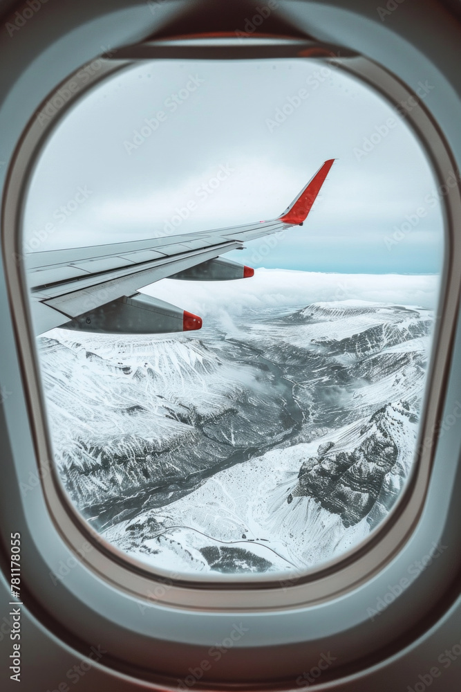 Fototapeta premium Winter landscape view with the flight wing from an airplane through window seat