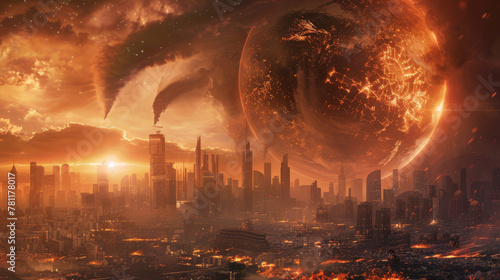 Visualization of a planet under siege, with natural disasters intensified by global warming wreaking havoc on urban centers, photo