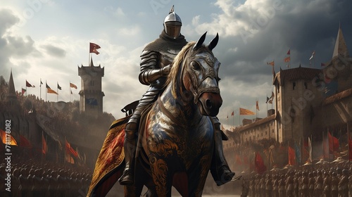 AI generated illustration of a medieval knight in armor sitting on a horse during a tournament photo