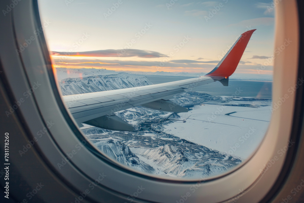 Winter landscape view with the flight wing from an airplane through window seat Winter landscape view with the flight wing from an airplane through window seat