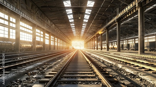 Railroad Tracks Inside Industrial Warehouse at Sunset Generative AI