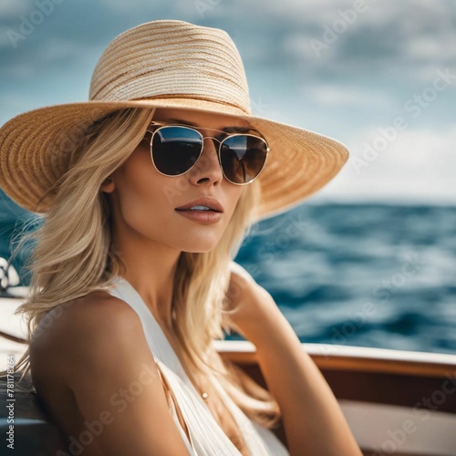 An AI illustration of woman wearing a white dress and a hat sitting on a boat © Wirestock