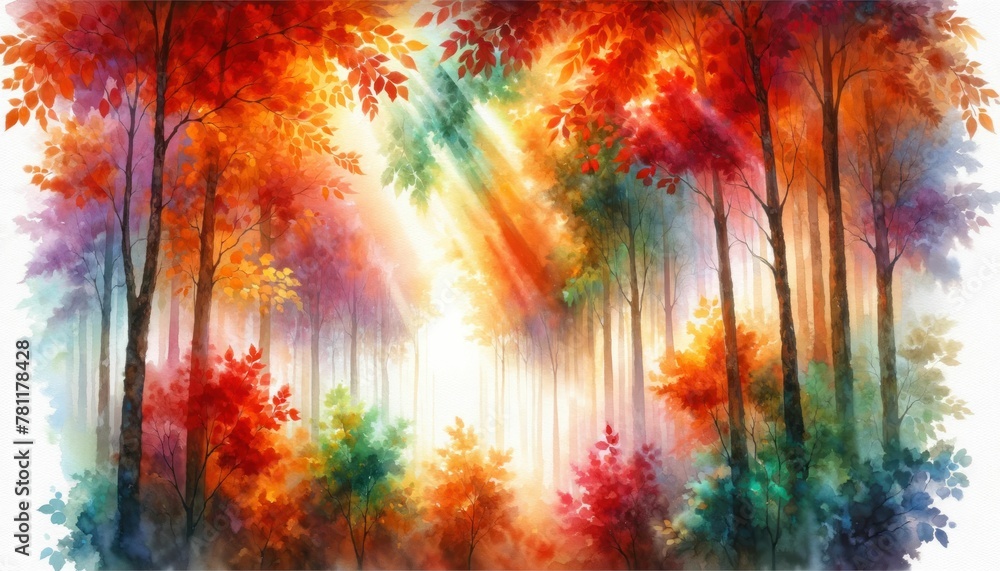 Watercolor landscape of a mystical forest with sunbeams piercing through colorful autumn trees, invoking a serene, dreamlike quality.