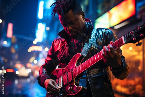 a man with dreadlockes holding an electric guitar in the street at night photo