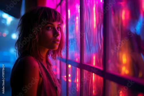 a woman in a neon light shop looks out the window