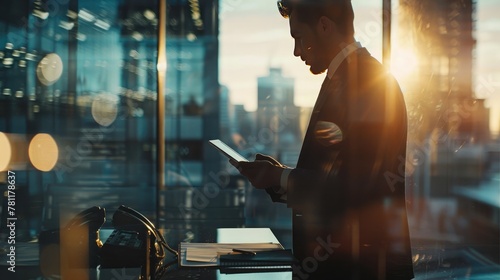 Blurry Image Businessman Using Tablets and Smartphone in Modern Office