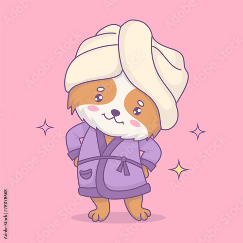 Cute dog in bathrobe and with towel on his head after bath time. Funny cartoon kawaii character animal. Vector illustration. Kids collection