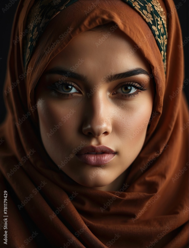 AI generated illustration of a young woman wearing a colorful scarf with beautiful green eyes