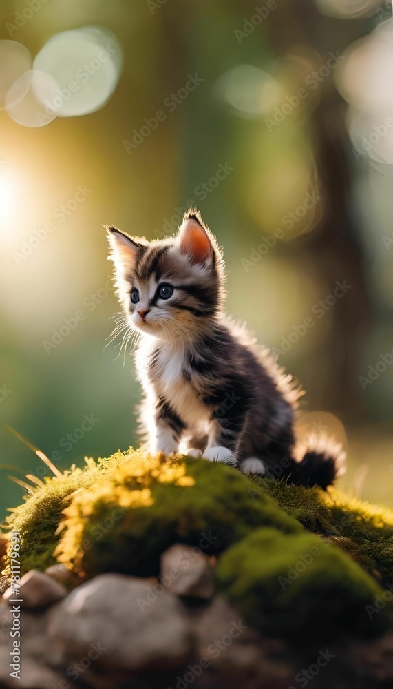 AI illustration of an adorable kitten perched atop a moss-covered rock.