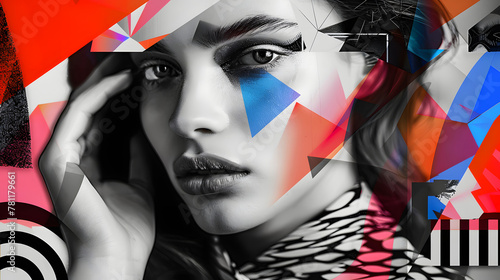 Monochrome face of a young girl in composition with geometric figures of bright colors. Abstract surrealistic collage. Portrait of a beautiful woman. Combination of photorealism with digital art.