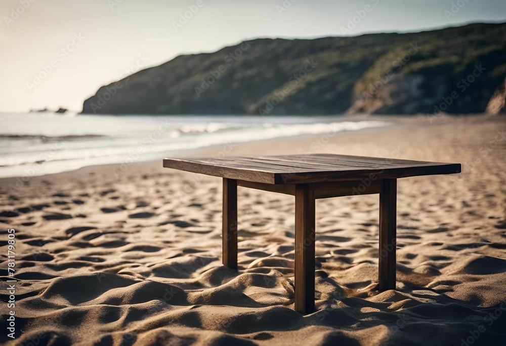 wooden bench on beach facing ocean in sunset light, shallow depth