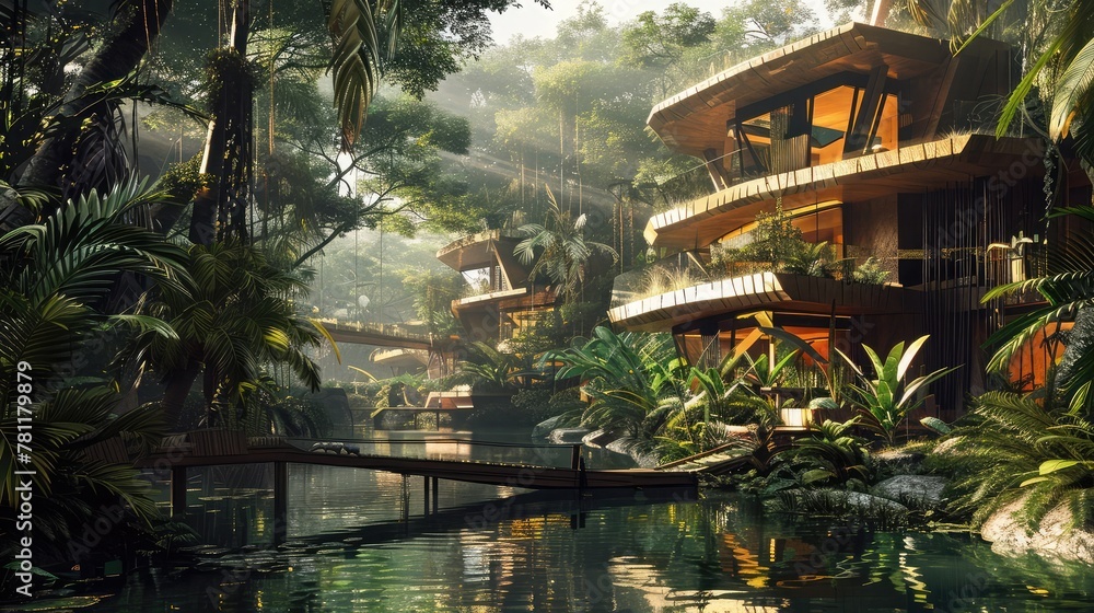 An arcology in a lush tropical environment, designed to blend in with the natural surroundings while providing a comfortable living space,