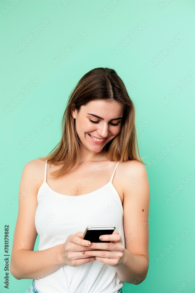Portrait of a beautiful girl looking at the phone on a mint background
Portrait of a beautiful girl looking at the phone on a mint background