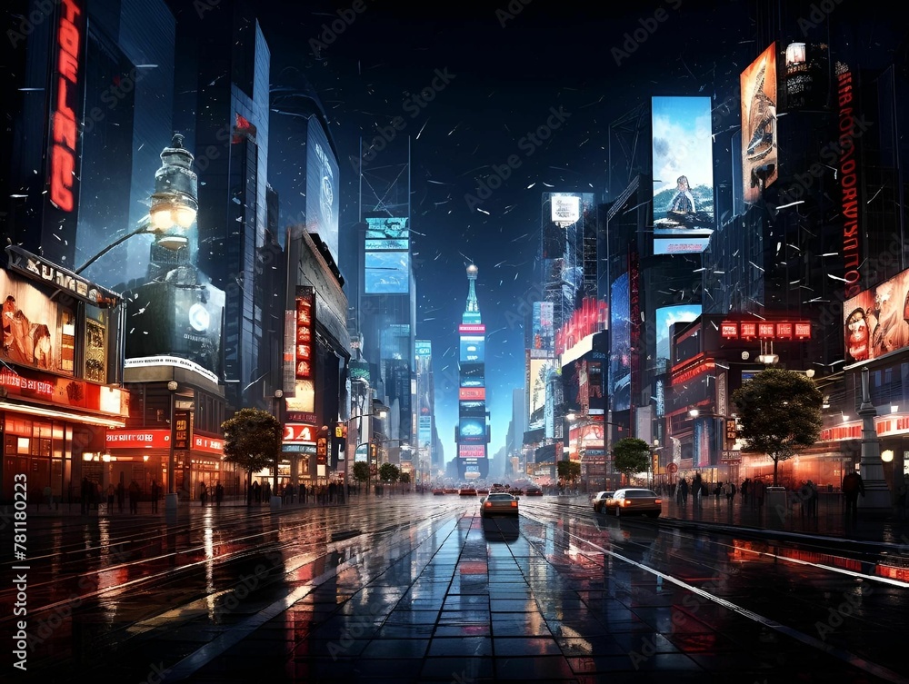 AI generated illustration of a nighttime view of a modern city, illuminated by the neon lights