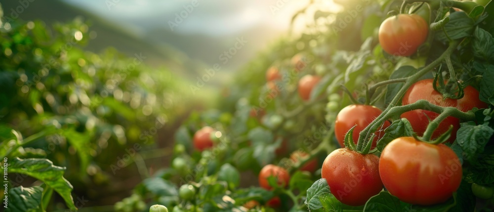 Ripe tomatoes on the vine in a sunlit garden, showcasing freshness and natural growth.