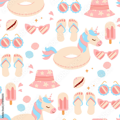 Pattern with summer accessories. Seamless pattern with pool rubber ring, ice cream, sunglasses, panama, flip flops. Fun rubber rings in the form of unicorn