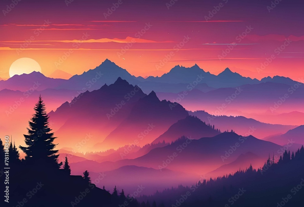 the sun rises over the mountains and pines in silhouetted by pinkish sky