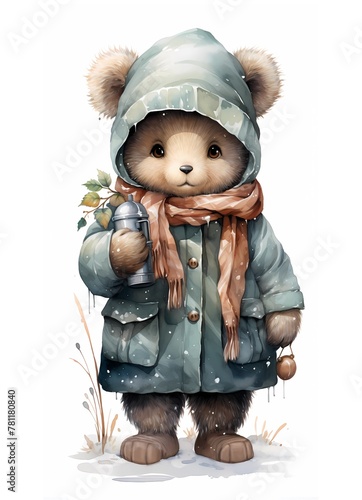 Boho watercolor illustration of a cute bear wearing warm clothes on a white background